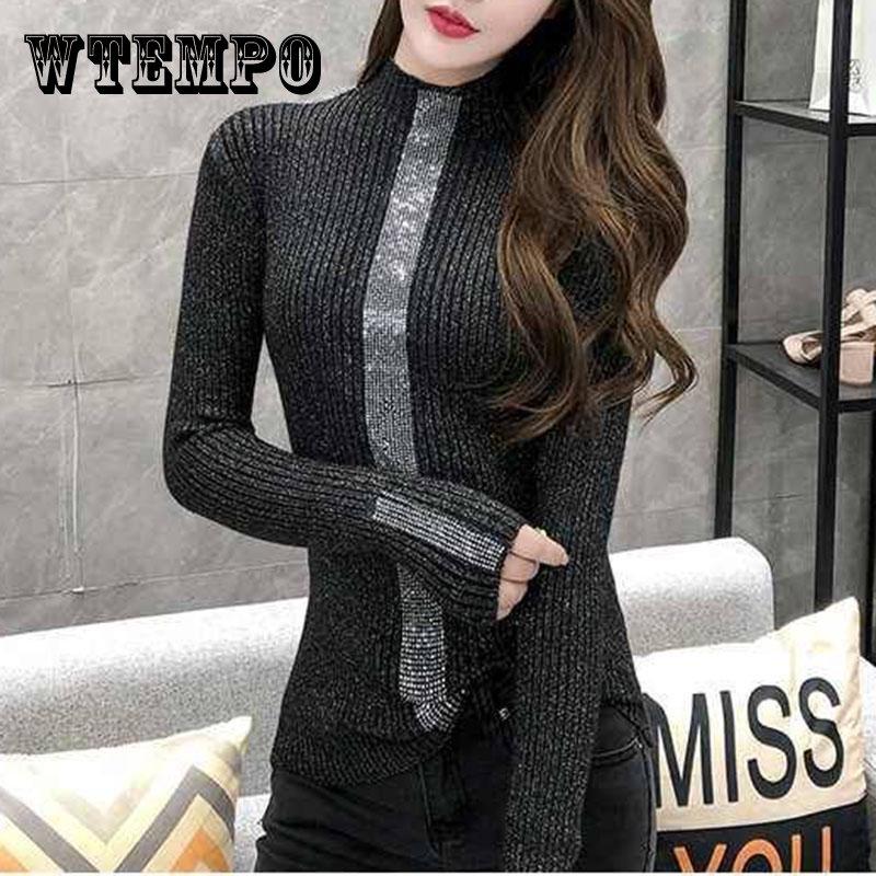 Women Rhinestone Thick Pullover Sweater Winter Bright Silk Bottoming Shirt Skinny Turtleneck Sweater
