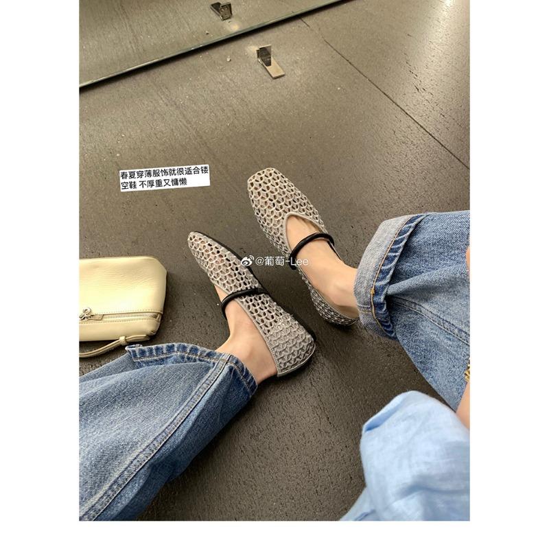 ~ Квадратный носок полая вязка однословный ремень универсальные мягкая поверхность легкий подъем одинарная обувь женская