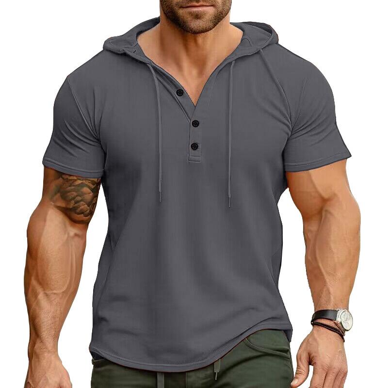 Men Green Short Sleeve Hooded Henley Neck Drawstring Casual Summer T Shirt