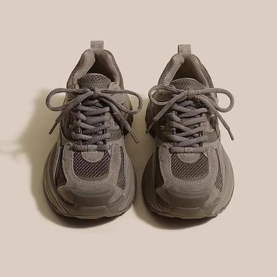 Новые толстые подошвы цветных блоков папы туфли мягкие кожаные женские туфли осенние сетчатые шнурки повседневные удобные универсальные спортивные туфли 2024