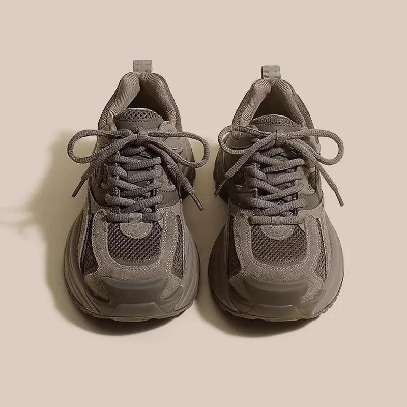 New Soft Leather Women Shoes Autumn Thick Sole Color Block Dad Shoes Mesh Lace Up Casual Comfortable Versatile Sport Shoe 2024