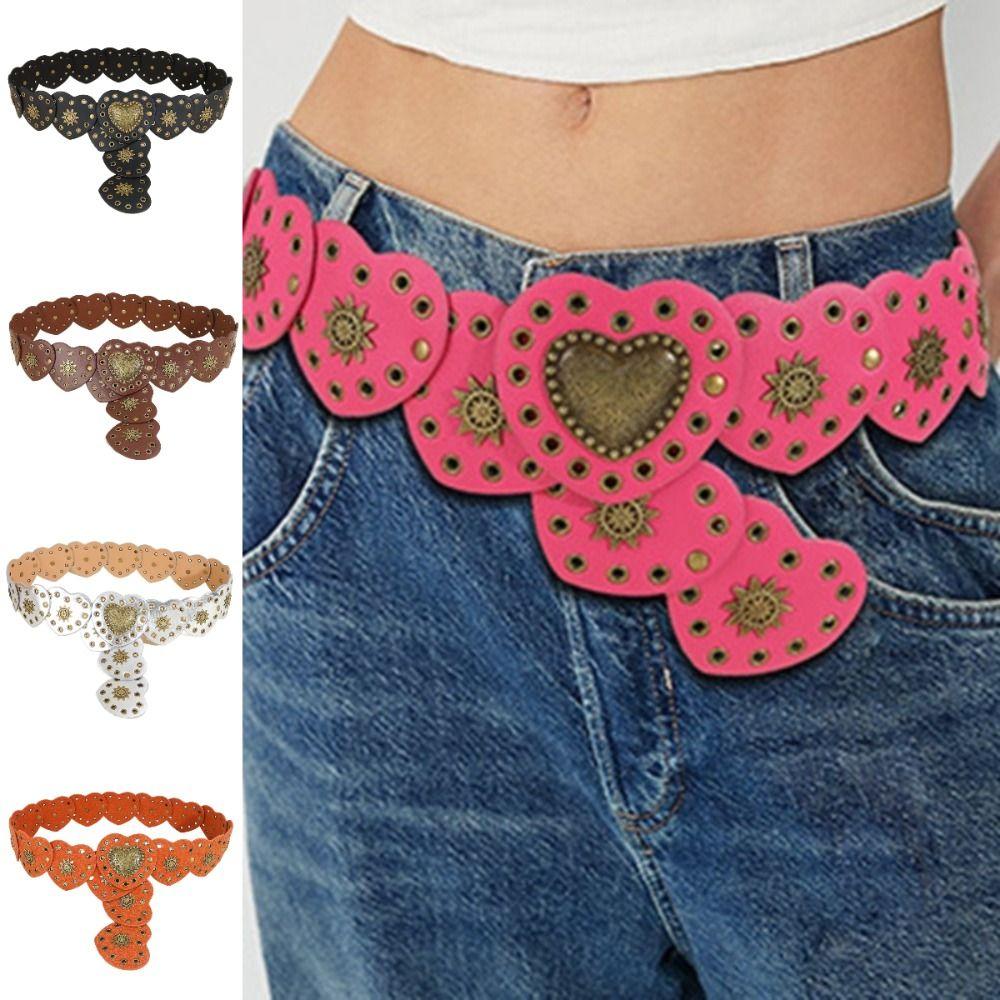 Широкий боковой пэчворк в виде сердец, талия в корейском стиле, ПУ кожаные ремни, Джинсовый декор