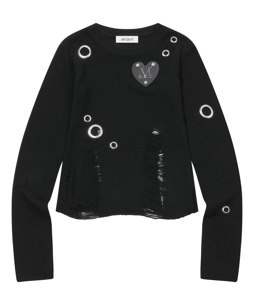MUCENT Wagon Metal Logo Heart Patch Eyelet Damaged Knit
