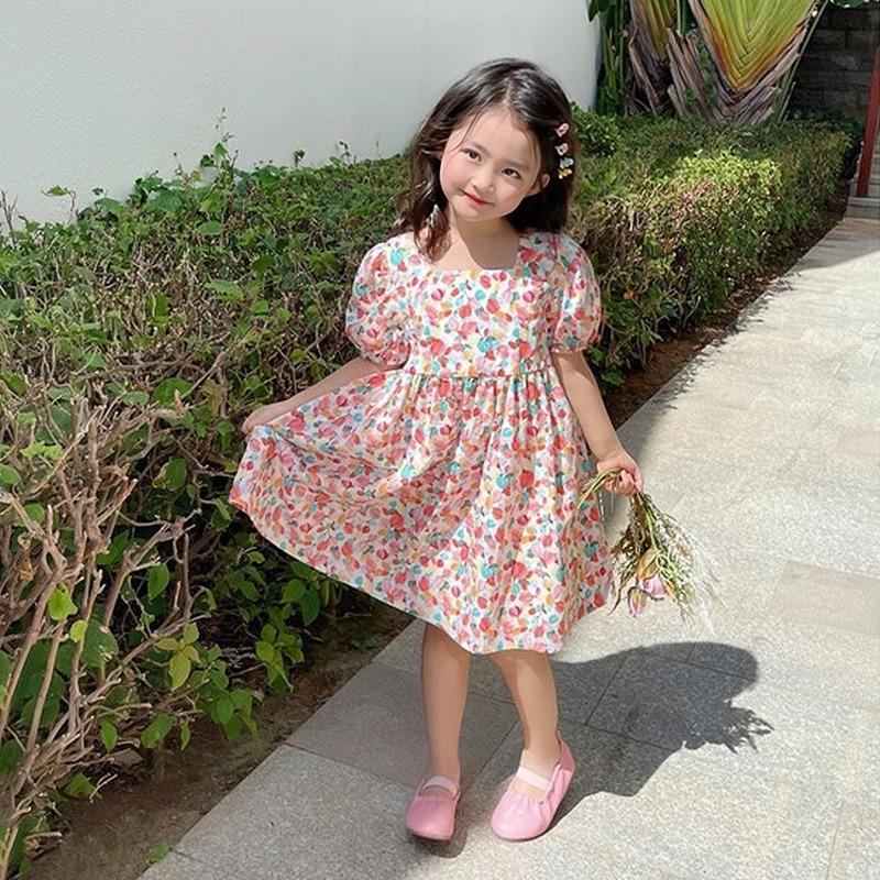 Летнее платье с открытой спиной и цветочным принтом для маленьких девочек, детское милое платье принцессы, платье с объемными рукавами