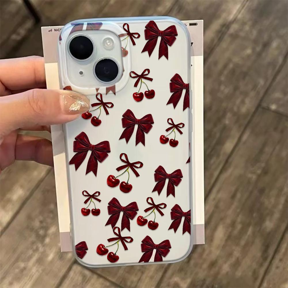 Минималистичный Чехол для Телефона с Бантом и Вишней для iPhone 17 17Air 16 15 14 13 12 11 Pro Max 16 Plus Матовый Ударопрочный Мягкий Чехол Funda