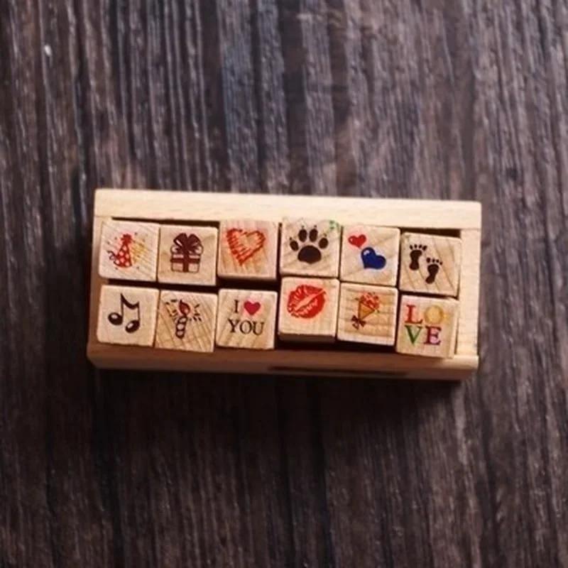 12 шт./Набор Винтажные штампы для дневника погоды Сделай сам Деревянные штампы в ассортименте для скрапбукинга Канцелярские товары Школьные принадлежности