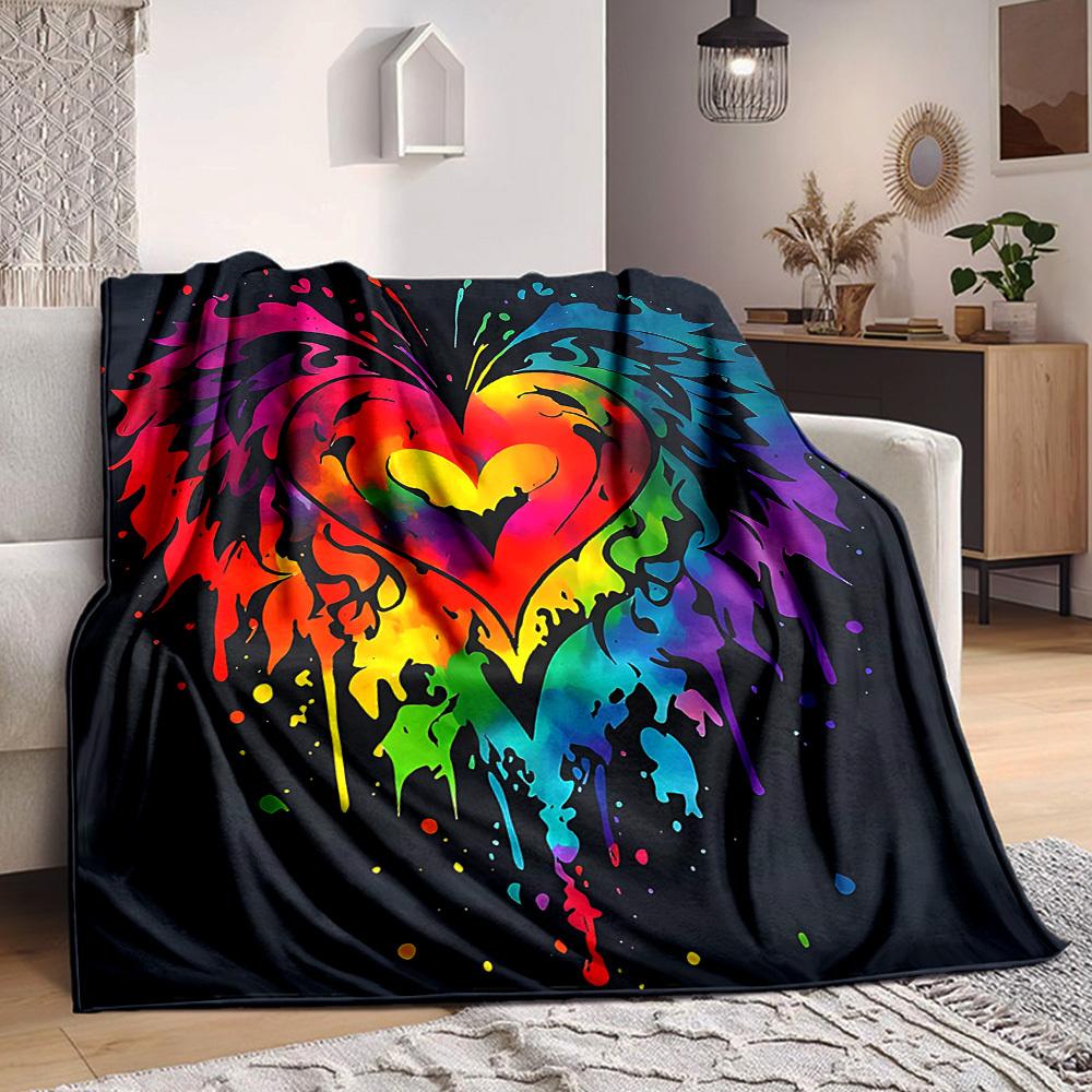 1pc Heart Rainbow Lightweight Flannel Blanket, Comfortable and Warm Blanket, for Office and Camping Sofa Bed073
