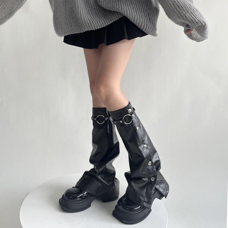 Женские грелки на ноги Harajuku с пряжкой из кожи, с панковскими боковыми пуговицами, широкие, расклешенные, для ботинок, длинные носки на икры, уличная одежда