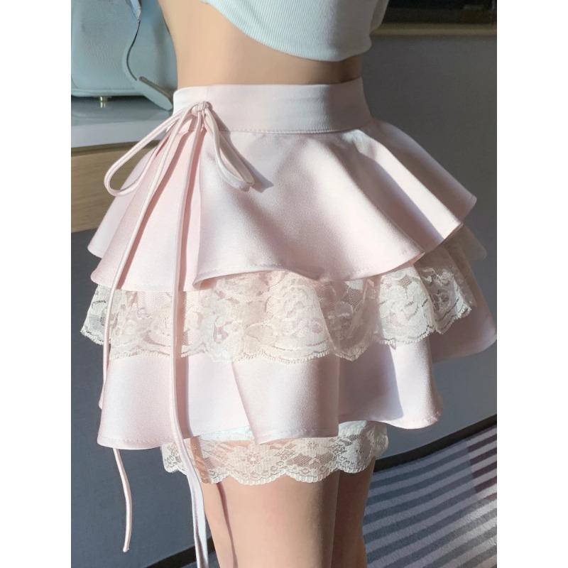 Pink Vintage Sweet Mini Skirt Women Lace-up Japanese Lolita Kawaii Cake Skirt Female Lace Korean Cute Fairy Skirts Autumn 2024