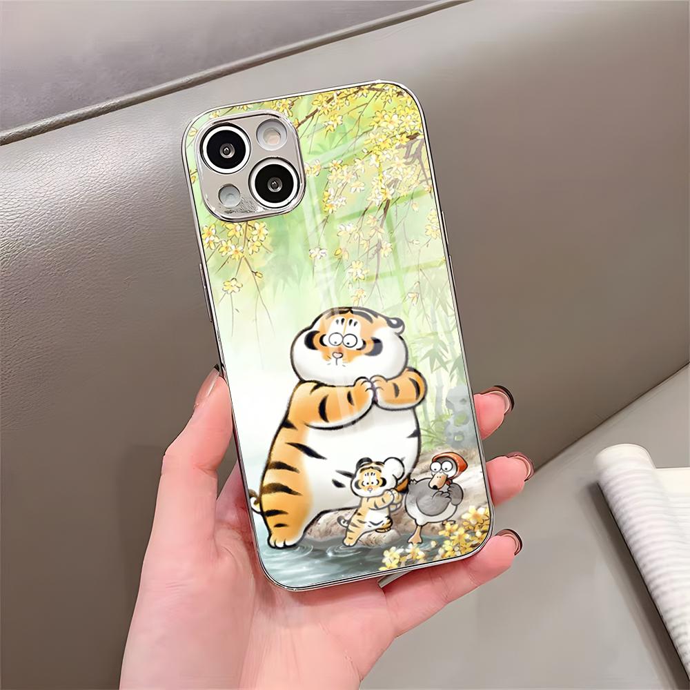 Забавный чехол для телефона F-Fat Tiger для iPhone 17 Pro Max 15 Pro 16 14 Plus 12 13 Mini 11 Pro Ударопрочная гальванизированная стеклянная крышка