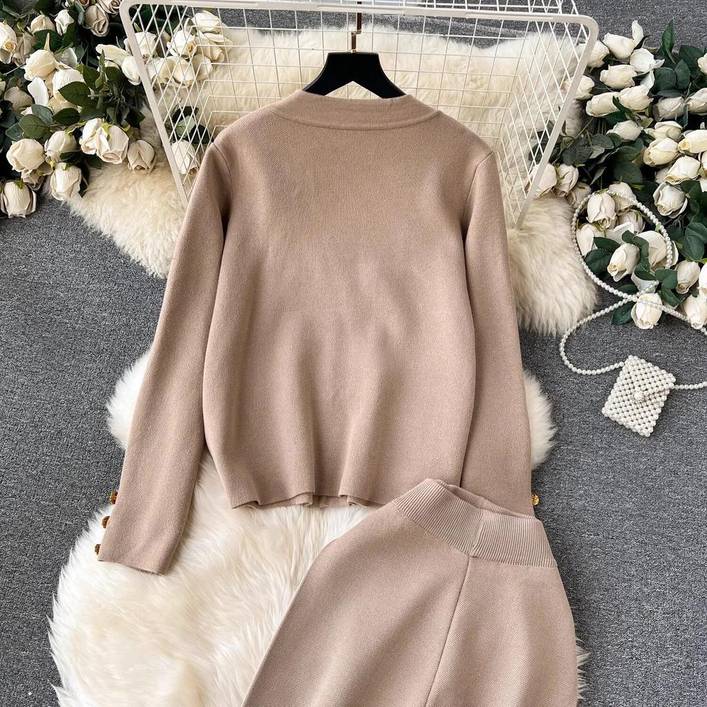 Осень-зима, кардиган с золотыми пуговицами и V-образным вырезом, карманы, вязаные свитера + широкие брюки, спортивные костюмы, длинный комплект из двух предметов