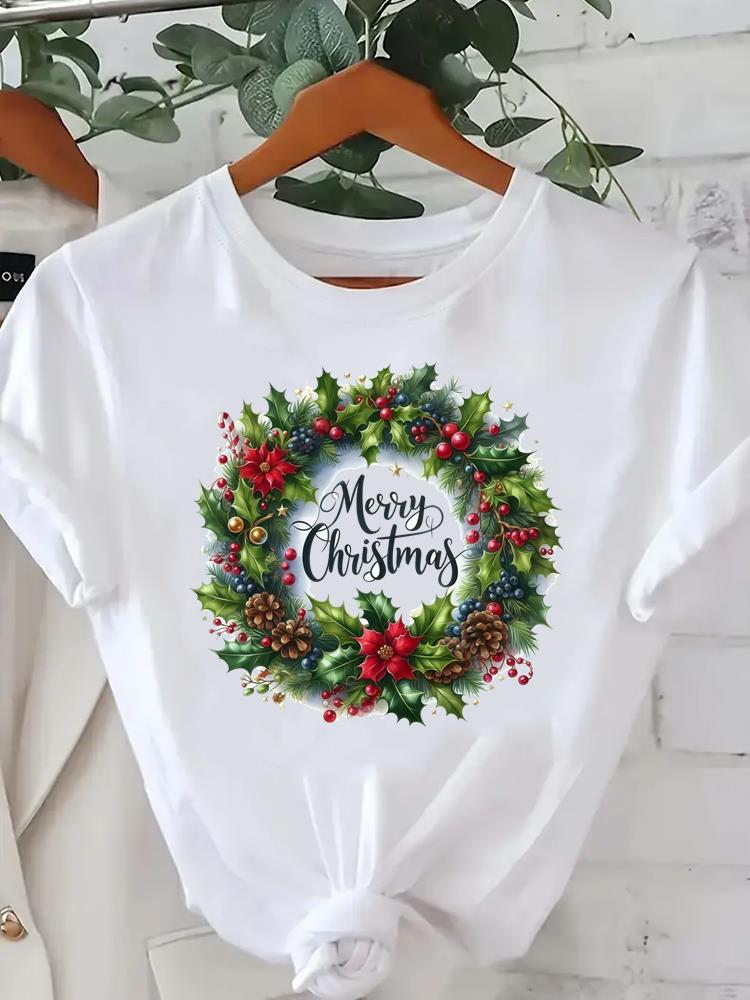 (Asian Size) Tree Lovely Style Cute New Year Tee Merry Christmas Festival O-neck Clothing Women's Top T Print Fashion Ladies Graphic T-shirts