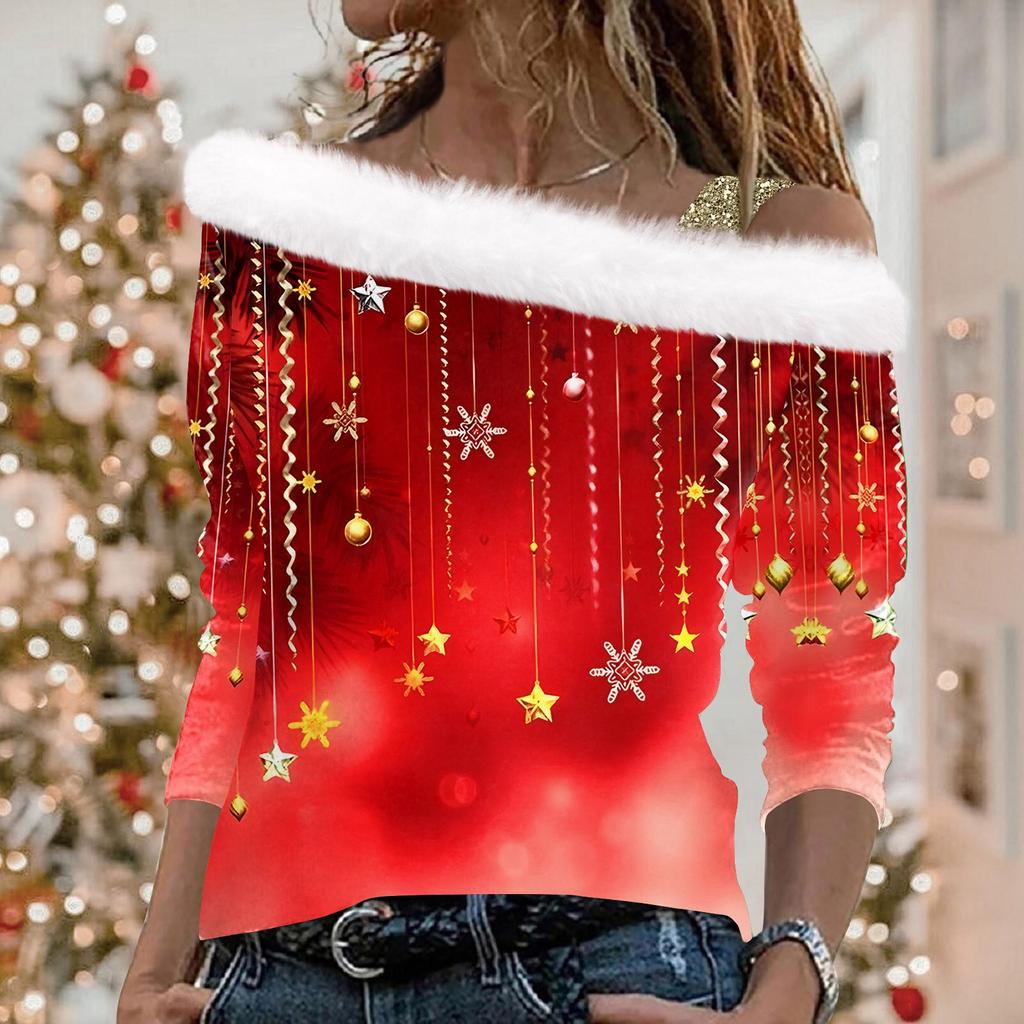 Women's Casual Long Sleeve Slouchy Christmas Printed Plush Fashion Top