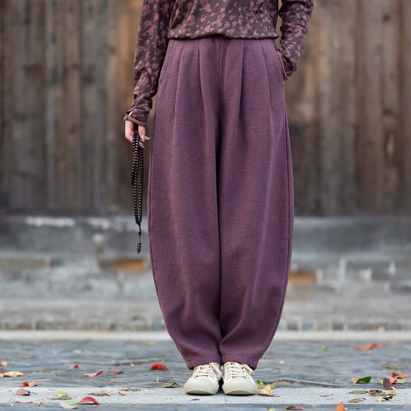 Johnature Women Winter Vintage Bloomers Pants Solid Color Elastic Waist Trousers Female Long Pants