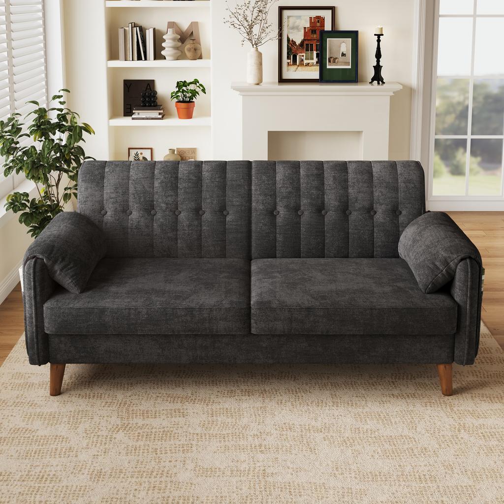 Modern 2-Seater Sofa in Chenille with Thick Seat Cushion, Tufted Backrest, 2 Armrest Cushions, Side Pockets; Solid Wood Legs, Easy to Assemble, Grey