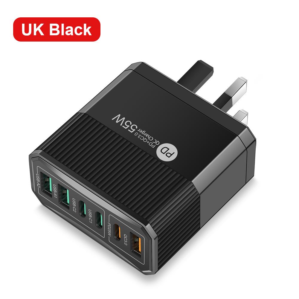 Шестипортовое быстрое зарядное устройство PD55W с поддержкой QC3.0, совместимое с EU/US/UK