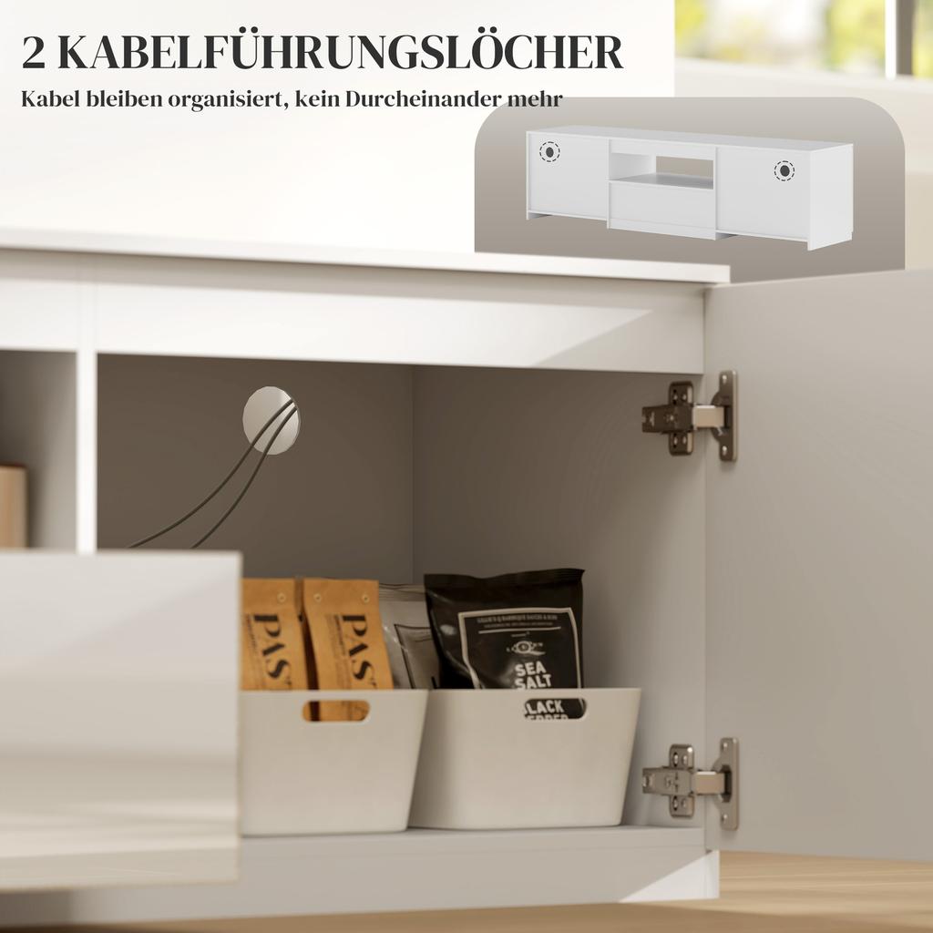 TV Lowboard, High Gloss, for TVs up to 65'', 3 Compartments, Drawer, 160 x 38 x 43 cm, White
