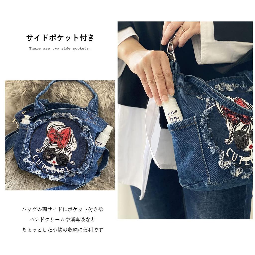 Shoulder Bag Mini 2way Bag Small Crossbody Lightweight Handbag Tote Bag Denim Ribbon Girl [DIVA Rose] Women's (Indigo Blue)
