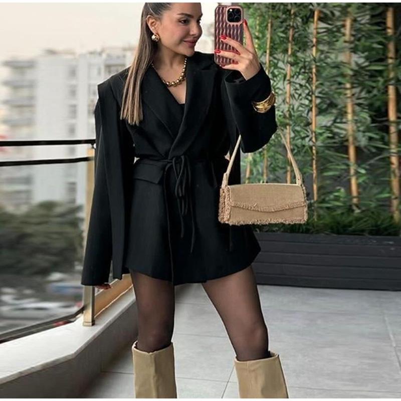 Модный полосатый пиджак с лацканами для женщин, элегантный свободный пиджак с поясом, женская весенняя универсальная шикарная уличная одежда