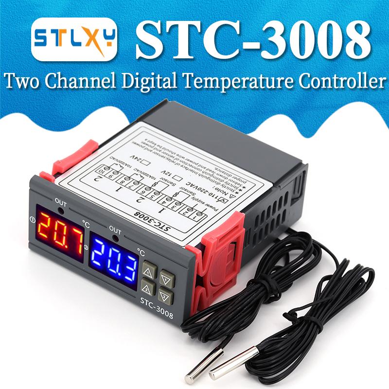 STC-3008 Двойной цифровой терморегулятор Два релейных выхода 12В 24В 220В Терморегулятор Термостат Для нагревателя и охладителя