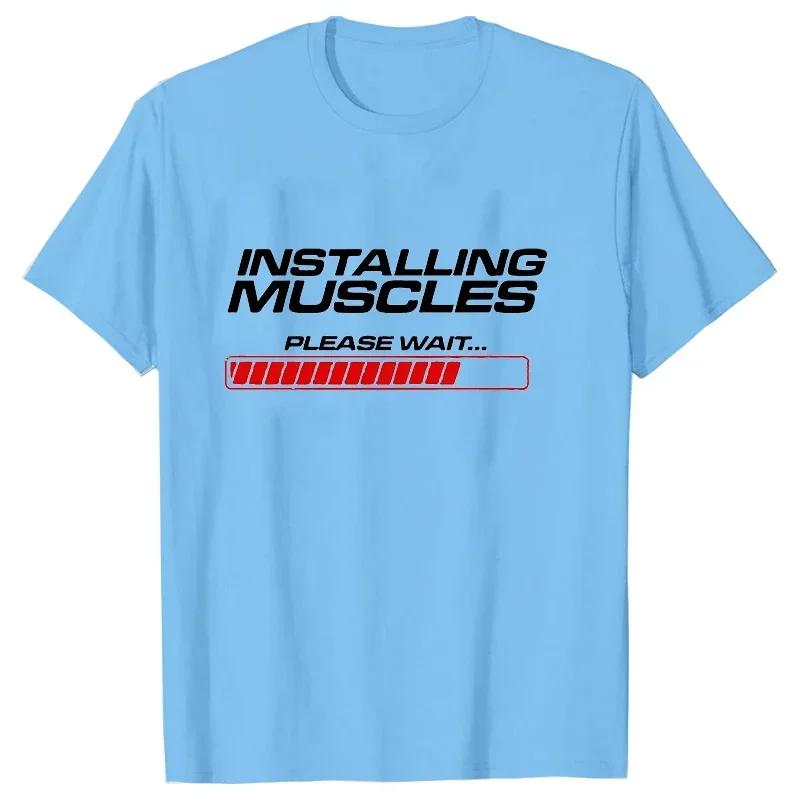 2023 Винтажная футболка Установка мышц Пожалуйста, подождите Забавный дизайн футболка Harajuku Футболка большого размера Модная уличная одежда унисекс Топ