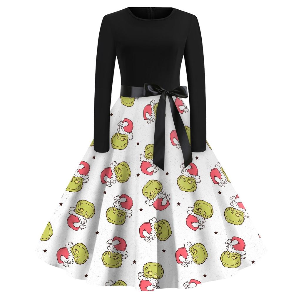 Женское повседневное рождественское платье с круглым вырезом и широкими рукавами, облегающее платье