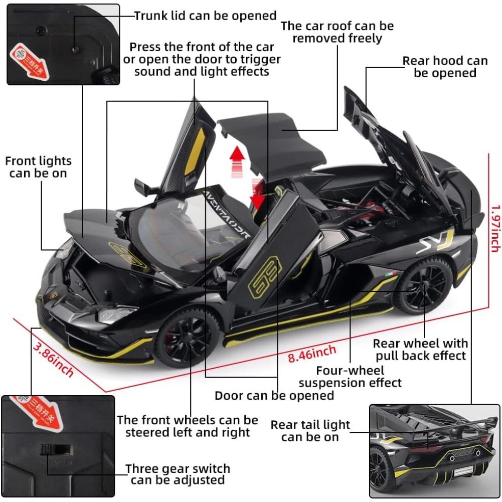 1/24 спортивный автомобиль Lambo SVJ 63, литой металлический автомобиль, игрушки, модели автомобилей со съемной крышей, звуковой подсветкой и откатом назад для детей от 3 лет и старше
