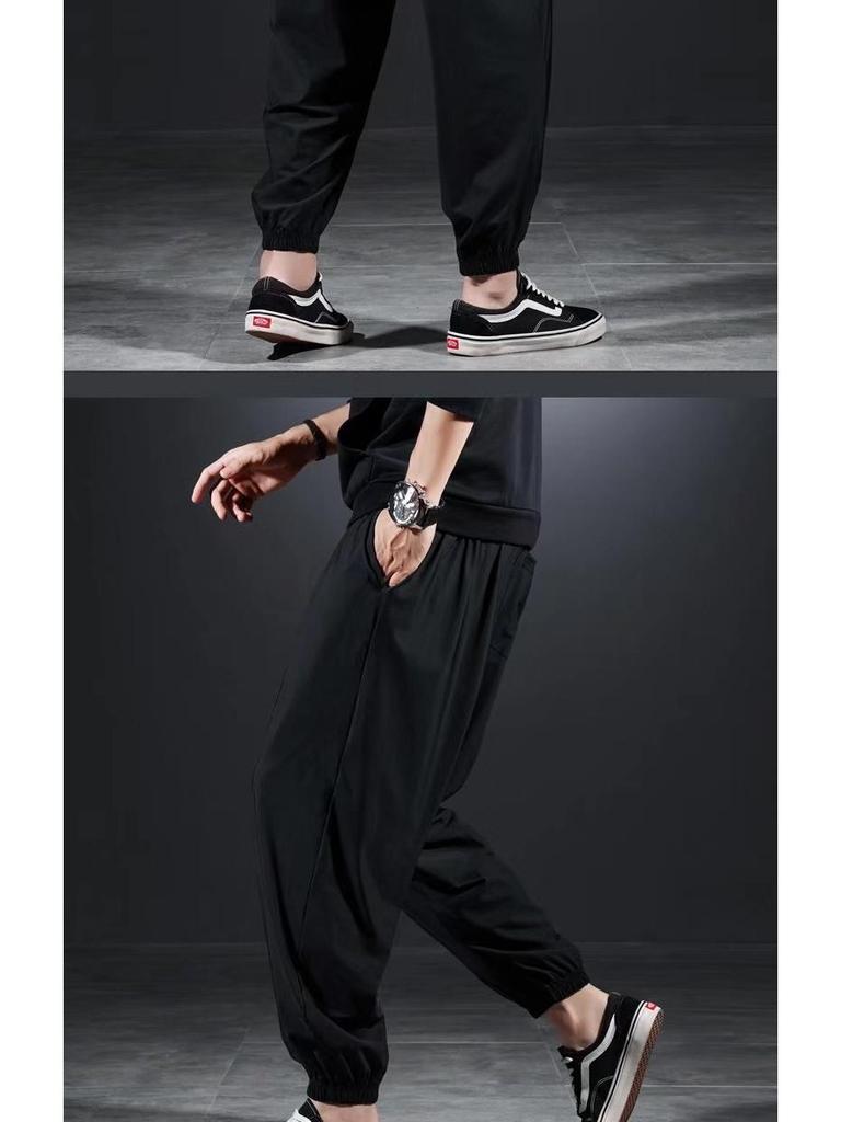 Мужские повседневные брюки большого размера из быстросохнущего шелка Ice Silk — летние легкие, свободные, с девятью точками посадки, высокоэластичные спортивные брюки.