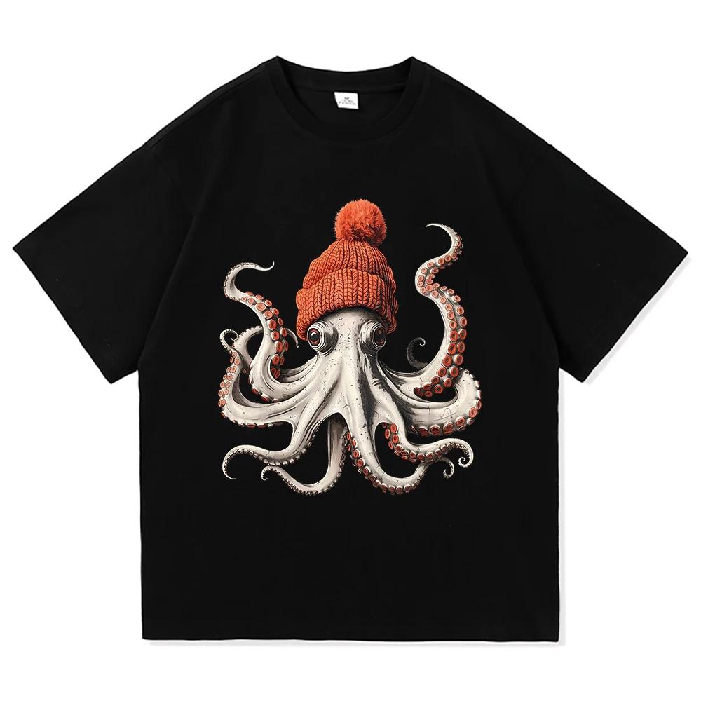 Octopus Wearing Beanie T Shirt Japanese Style Funny Menkids Clothing Harajuku Clothes Vintage High Quality Tops Cotton TShirts
