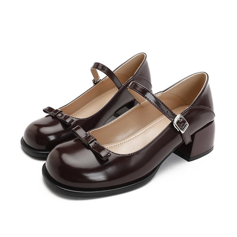 Spring New Bow Mary Jane Shoes, Women Chunky Heel Round Toe French Shallow Mouth Leather Flat Pumps