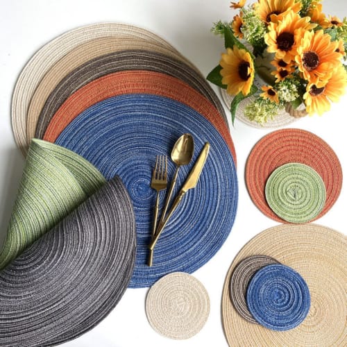 Multicolored Round Placemats, Satin-Dyed Cotton Woven Heat-Resistant Placemats and Coasters for Home Decor, 38cm, Milk Coffee Color (Cotton Round Brow