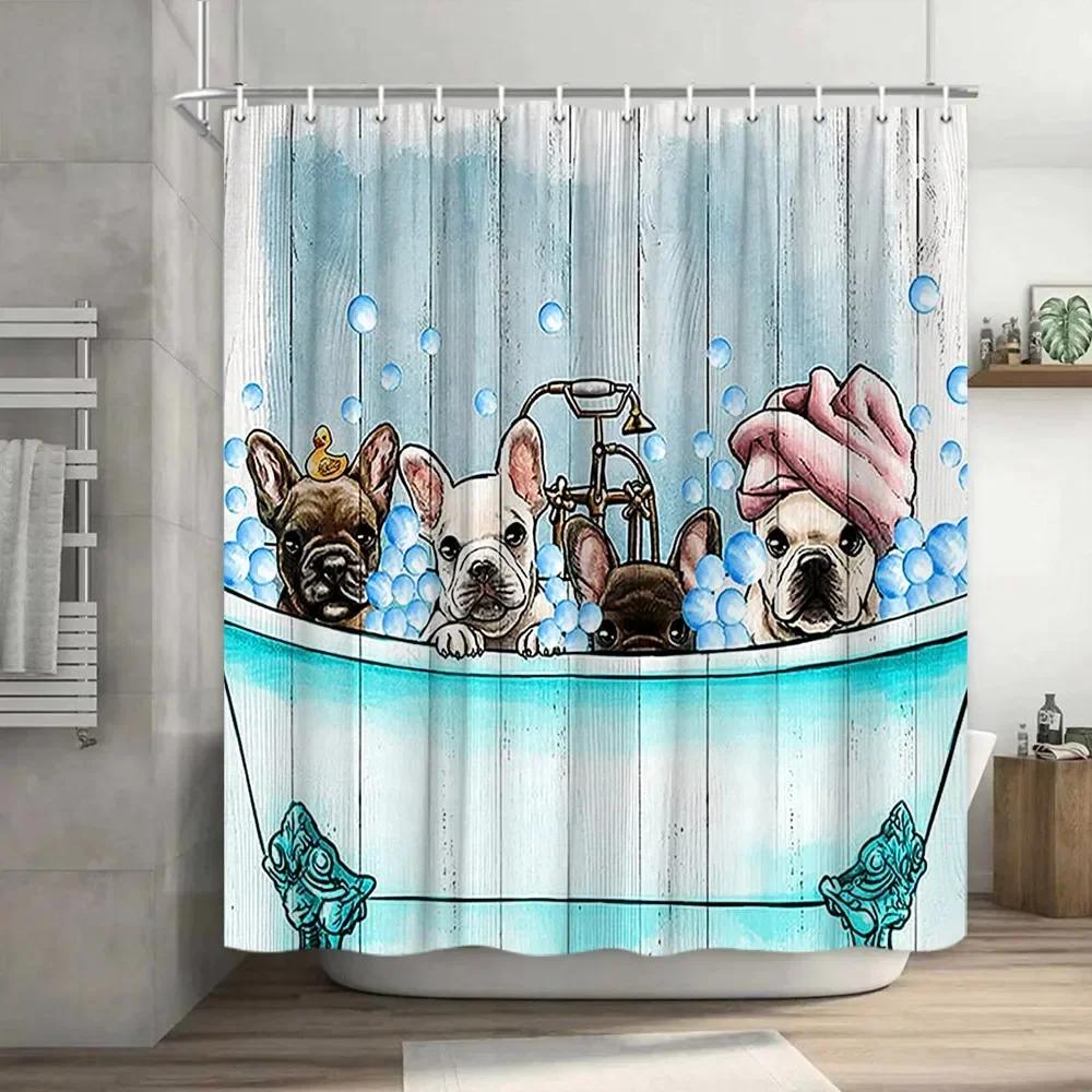 Смешная занавеска для душа Brave Cat Cartoon Душевая занавеска Waves Ocean Decor Ткань Душевая занавеска Set with Hooks Bathroom Decoration