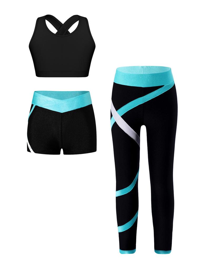 Kids 3 Piece Dance Outfit Tracksuit Girls Cross Nack Tank Sport Bra with Yoga Pants Leggings Ballet Shorts Set