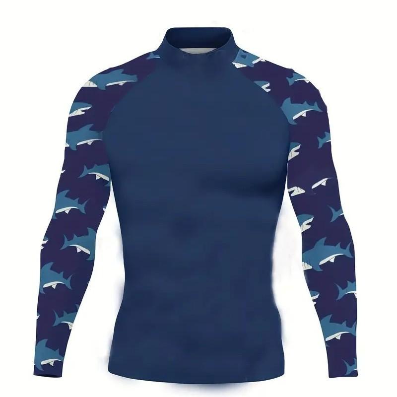 Mens Navy Blue Long Sleeve Rash Guard With Shark Print Surfing Swimming Beach Activities