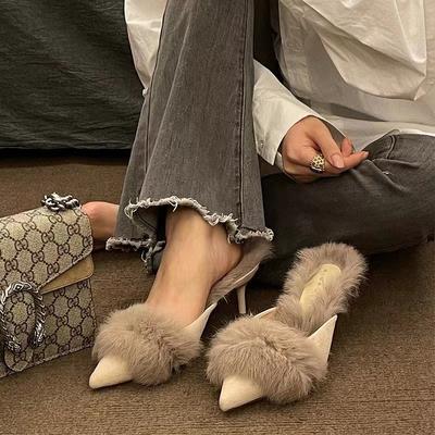 Женские туфли на высоком каблуке Меховые тапочки Мюли Остроносые Пушистые Слайды Элегантные Роскошные Дизайнерские Вьетнамки Офисные Туфли-лодочки