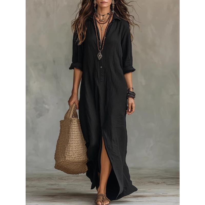 Loose V Neck Long Sleeve Solid Color A Line Maxi Dress