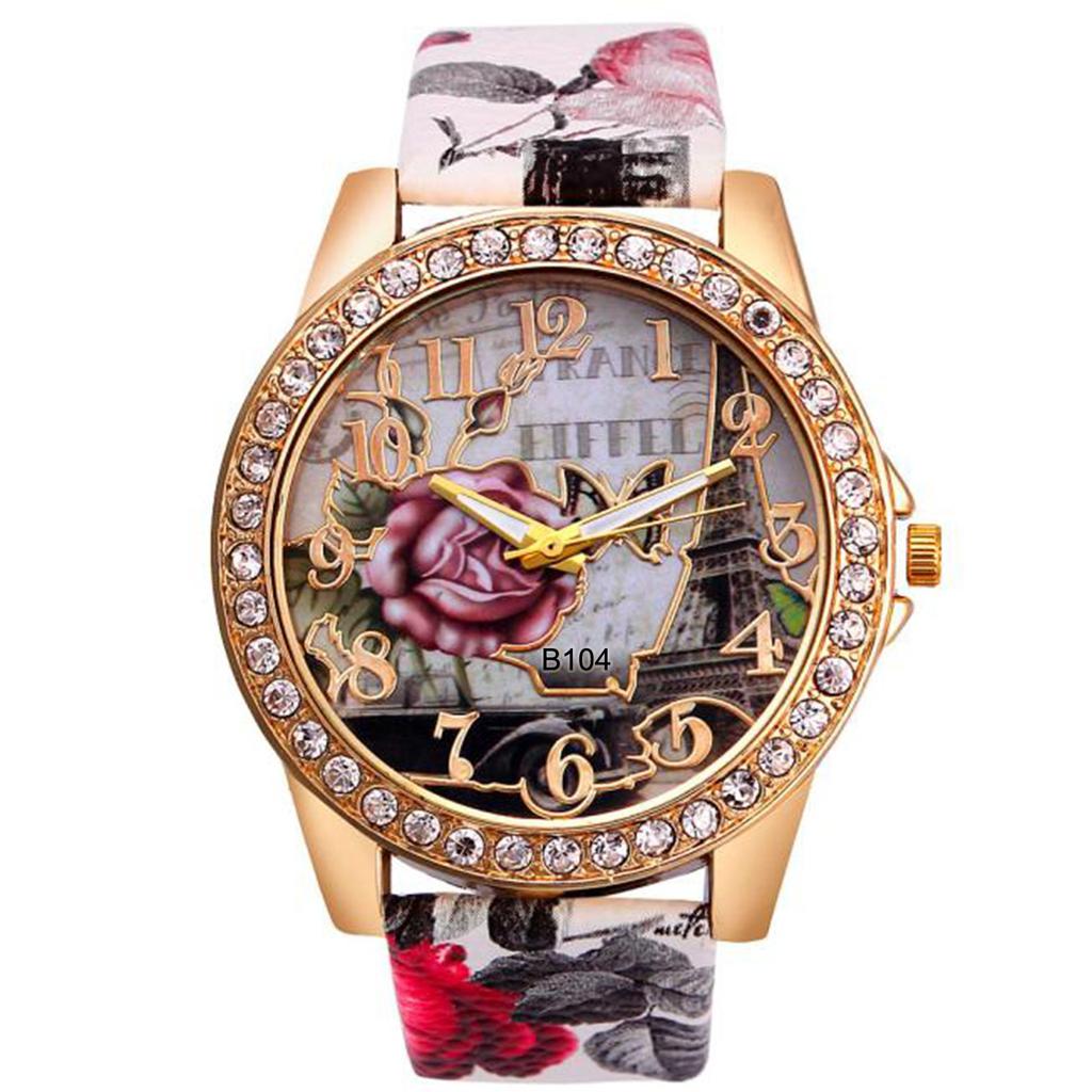 Rose Pattern Leather Band Analog Quartz  Wrist Watches WH