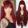 Long Red Wig with Bangs,Straight Dark Red Wigs for Women,Wine Red Long Straight Heat Resistant Synthetic Wig for Fashion Women