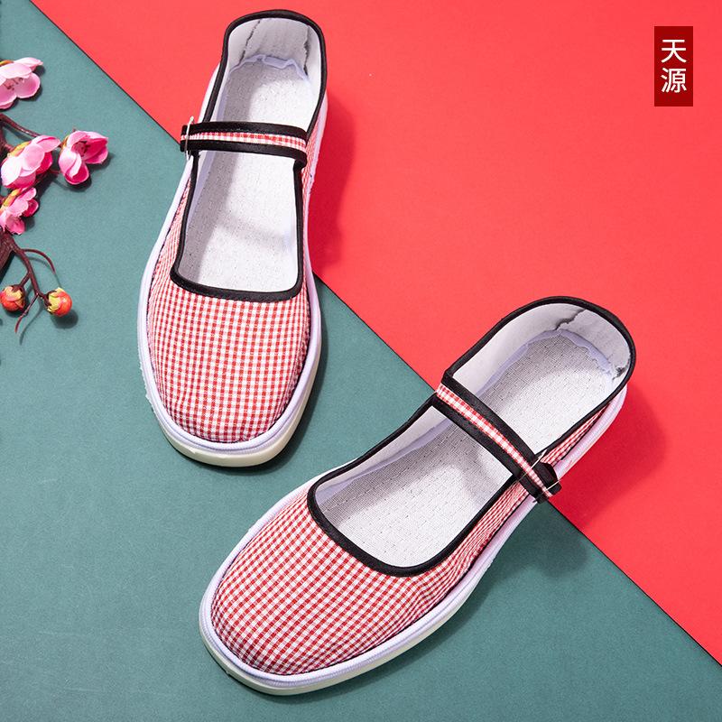 2025 Ручной работы хлопковая ткань женские клетчатые тканевые туфли с цветами ретро литературные с мелким вырезом танцевальные на плоской подошве для работы черные туфли