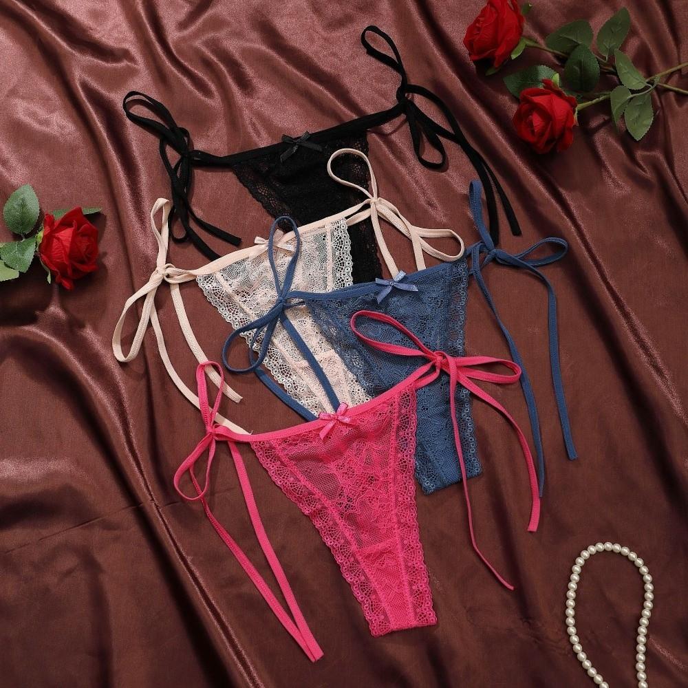Adjustable Waist Strap Bow Lace Flower Transparent Briefs Female Lingerie Romantic T Panties  Gift