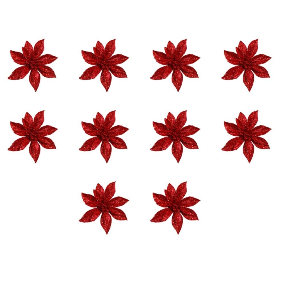 11Pcs Golden Gold Powder Artificial Poinsettia Flowers Multi-Color 7.1cm 11cm Glitter Flower Christmas Tree Decor DIY