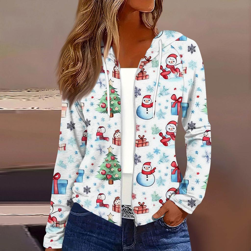Women's Fashion Christmas Print Casual Zip-Up Long-Sleeved Hooded Jacket