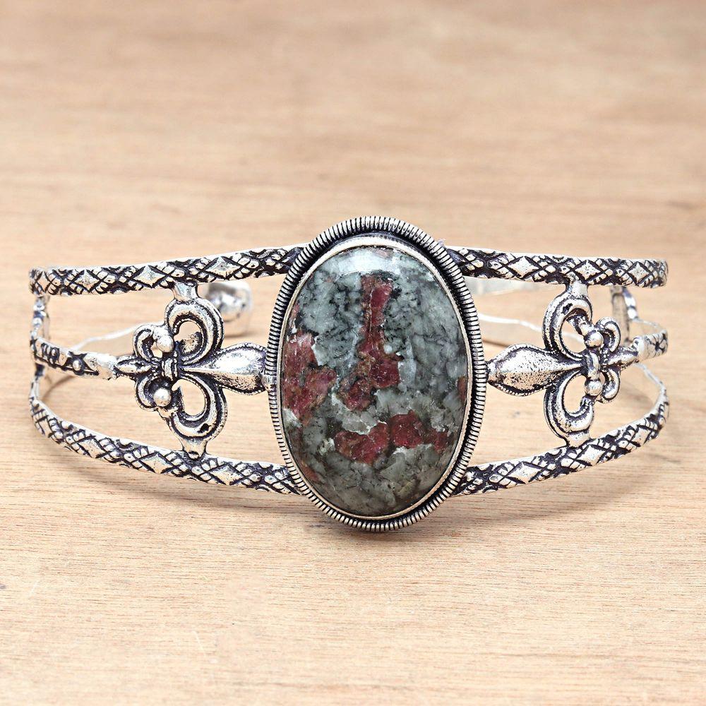 Эвдиалит Яшма Драгоценный Камень Антикварные Серебряные Ювелирные Изделия Браслеты-Манжеты 7''Регулируемый