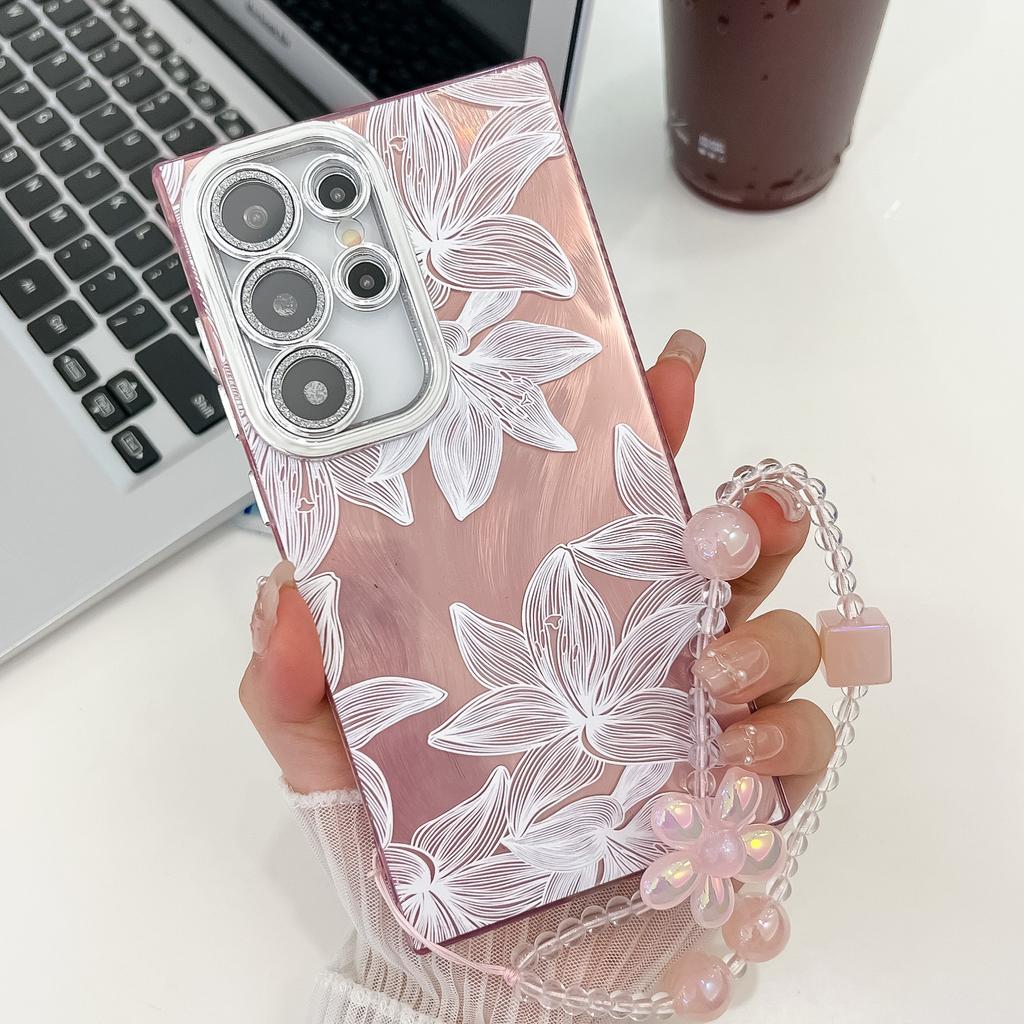 Samsung S25 Ultra Mobile Phone Case Laser Texture Flower and Grass Lens Film S24FE Bracelet A56 Electroplated Hard Shell