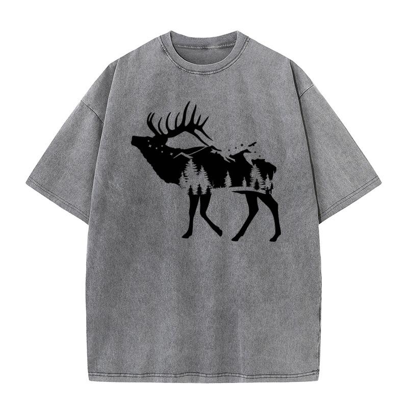 Short Sleeve Tees Christmas Round Neck Combed cotton Woman Washed Tshirts Round Neck Forest Elk Party Washed Tee Shirts Family