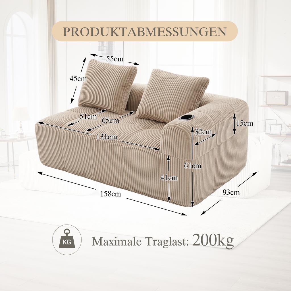Cozy Corduroy Two-Seater Sofa – No Assembly, Soft Back Cushions, Side Storage Pocket for Remote Control and Phone, Cup Holder – Neat and Aesthetic.