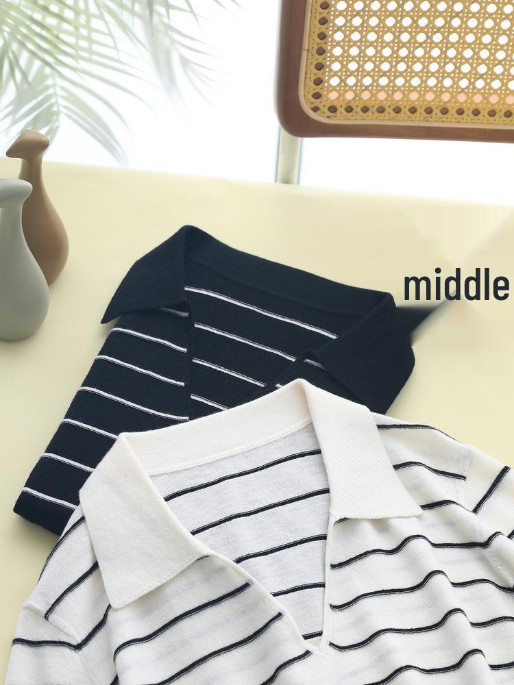 Women's 48s Fine Wool V-Neck Loose Fit Polo Shirt - Black & White Striped Knitwear