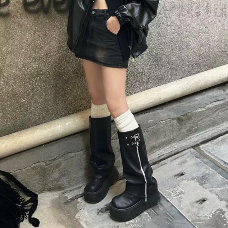 Winter Women Biker Boots Fashion Belt Buckle Ladies Platform Wedge Heel Long Pipe Booties Casual Women's Knee High Booties Q121