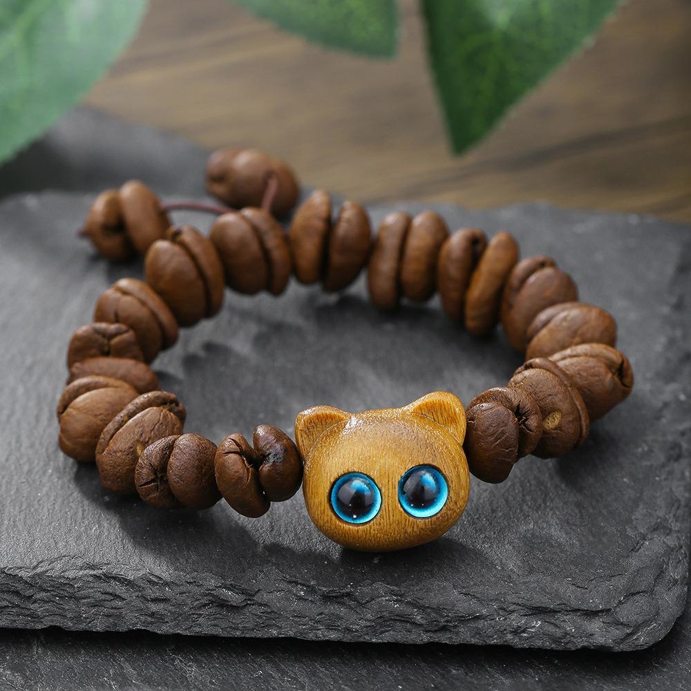 Handmade Natural Real Coffee Bean Bracelet Elastic Sandalwood Coconut Chip Wood Splicing Woven Jewelry Bracelet for Women