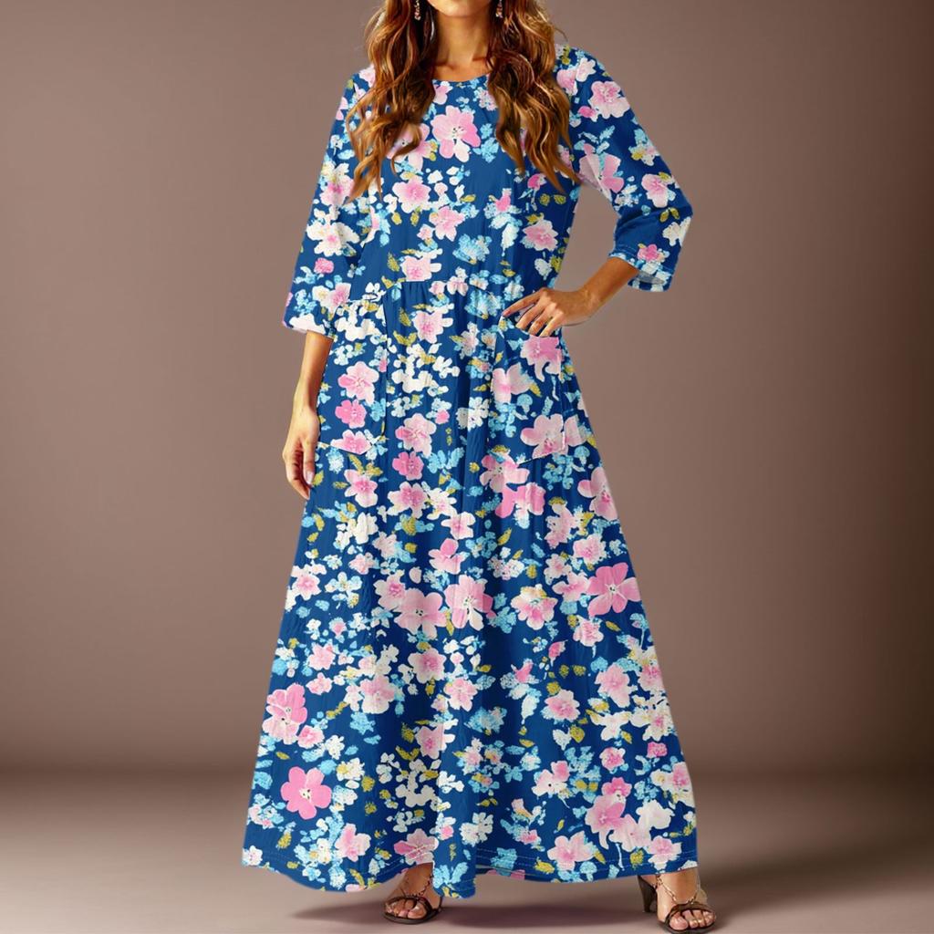 Женское повседневное модное платье с цветочным принтом, рукавом три четверти и карманами